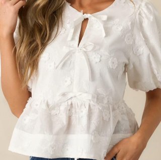 Women's 2 Piece White Floral Embroidery Shorts Set Sweet Bubble Sleeve Bow Tie Blouse and Elastic Waist Shorts Casual Summer Outfit