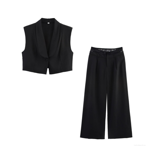 Women's Sexy Commuting Two Piece Pant Set Sleeveless V Neck Vest Top And Lace Patchwork Wide Leg Pants Elegant Black Suit
