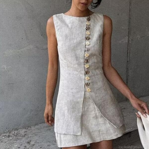 Women's Fashion Two Piece Set Sleeveless Round Neck Diagonal Placket Top And Mini Skirt Elegant Linen-Like Polyester Outfit For Summer Party Daily Wear