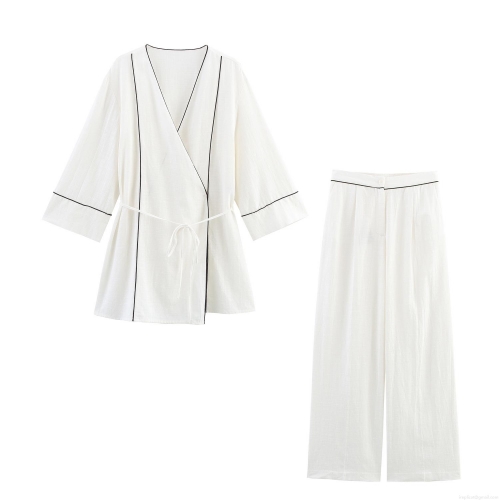 Women's Pajama Set Contrast Piping V Neck Kimono Top Wide Leg Pants Two Piece Loungewear Casual Elegant Polyester Sets For Lady