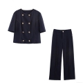 Women Elegant Short Sleeve Double Breasted Top and Long Pants Two Piece Set Navy Blue Commuter Outfit with Contrast Stitching Gold Buttons