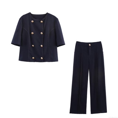 Women Elegant Short Sleeve Double Breasted Top and Long Pants Two Piece Set Navy Blue Commuter Outfit with Contrast Stitching Gold Buttons