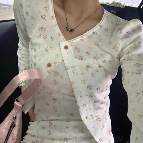 Women's Sweet Floral 2 Piece Skirt Set Knit Cardigan and Mini Spaghetti Strap Dress Elegant Long Sleeve Shrug Outfits for Summer Vacation Dating Lady