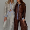 Women's Fashion Sequin Long Sleeve Shirt And Pants Two Piece Set Loose V-Neck Striped Patchwork Sparkly Party Clubwear Outfits