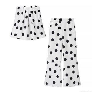 Women's 2 Piece Polka Dot Set Strapless Ruched Tube Top And High Waisted Wide Leg Pants Polyester Retro Vacation Outfits For Women