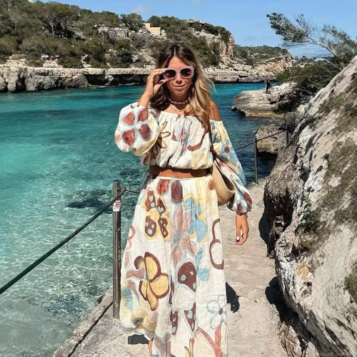 Women Holiday 2 Piece Skirt Set Linen Like Abstract Floral Print Off Shoulder Lantern Sleeve Crop Top High Waist Maxi Skirt Bohemian Vacation Beach Wear