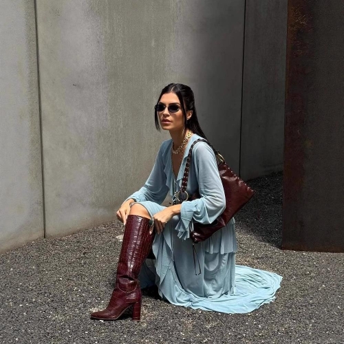 Women's Bohemian Two-Piece Set Polyester Ruffled Long Sleeve V-Neck Top and Tiered Maxi Skirt Sky Blue Summer Vacation Beach Outfit