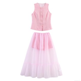 Women's Pink Tweed Vest And Tulle Skirt 2 Piece Set Elegant Sleeveless Pearl Button Waistcoat And Tiered Mesh Long Skirt For Party Date Socialite Style