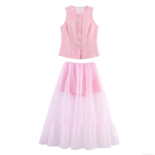 Women's Pink Tweed Vest And Tulle Skirt 2 Piece Set Elegant Sleeveless Pearl Button Waistcoat And Tiered Mesh Long Skirt For Party Date Socialite Style