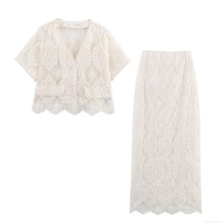 Elegant Women Lace Two-Piece Skirt Set Featuring V-Neck Short Sleeve Top With Pearl Buttons And Bodycon Midi Skirt For Party Banquet Sexy Socialite Hollow Out Floral Embroidered Outfits