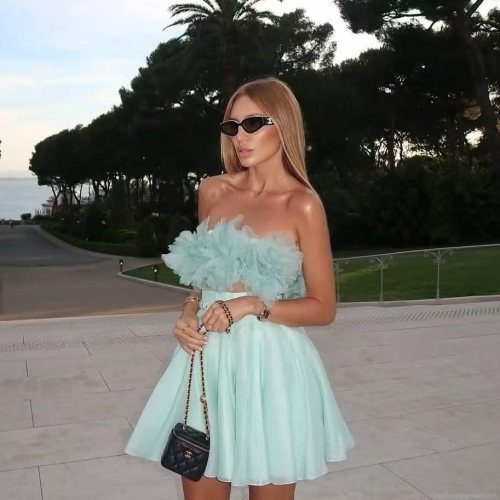 Women Sexy 2 Piece Skirt Set 3D Flower Mesh Tube Top And High Waist Pleated Mini Skirt Set Elegant Vacation Party Outfits Women Clothing