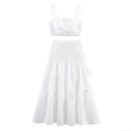 Women White 2 Piece Skirt Set Stereo Flower Rhinestone Tie Strap Crop Top And Tiered Maxi Skirt Elegant Sweet Summer Outfits