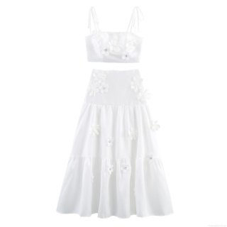 Women White 2 Piece Skirt Set Stereo Flower Rhinestone Tie Strap Crop Top And Tiered Maxi Skirt Elegant Sweet Summer Outfits