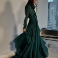 Women Elegant Organza Two Piece Skirt Set Long Sleeve Bow Tie Shirt And High Waist Shirred Maxi Skirt Dark Green Solid Color Translucent Celebrity Style Party Evening Outfit