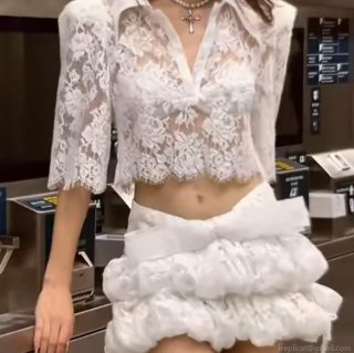 Women's Sweet 2 Piece White Lace Skirt Set V Neck Short Sleeve Crop Top And Tiered Ruffle Mini Puff Skirt Y2K Fashion Outfits For Women Party Date Summer