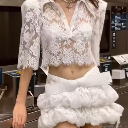 Women's Sweet 2 Piece White Lace Skirt Set V Neck Short Sleeve Crop Top And Tiered Ruffle Mini Puff Skirt Y2K Fashion Outfits For Women Party Date Summer