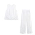 Women's Elegant 2 Piece Set Hollow Out Embroidery Sleeveless Round Neck Top And High Waist Wide Leg Long Pants Set French Style Summer Outfit For Women