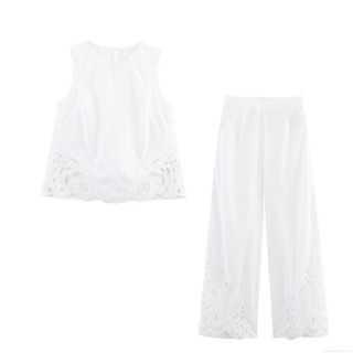 Women's Elegant 2 Piece Set Hollow Out Embroidery Sleeveless Round Neck Top And High Waist Wide Leg Long Pants Set French Style Summer Outfit For Women