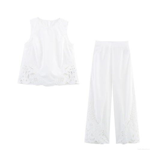 Women's Elegant 2 Piece Set Hollow Out Embroidery Sleeveless Round Neck Top And High Waist Wide Leg Long Pants Set French Style Summer Outfit For Women