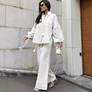 Women's Casual 2-Piece Set Cotton Linen Blend Embroidery Tassel Shirt And Wide Leg Pants Set Loose Long Sleeve Vacation Outfit For Women
