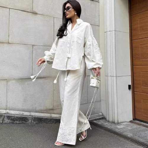 Women's Casual 2-Piece Set Cotton Linen Blend Embroidery Tassel Shirt And Wide Leg Pants Set Loose Long Sleeve Vacation Outfit For Women