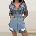 Women's Fashion Plaid Long Sleeve Shirt And High Waist Denim Patchwork Shorts Two Piece Set Streetwear Deconstructed Casual Outfit For Women