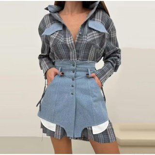 Women's Fashion Plaid Long Sleeve Shirt And High Waist Denim Patchwork Shorts Two Piece Set Streetwear Deconstructed Casual Outfit For Women