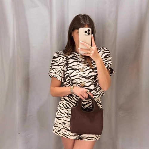 Vintage Zebra Print Two Piece Set Women Retro Puff Sleeve Crop Top and Bodycon Mini Skirt With Gold Buttons Sexy Club Party Outfits