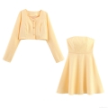 Women's Tweed Two Piece Set Short Round Neck Jacket And Strapless A-Line Mini Dress Pale Yellow Elegant Small Fragrance Style Skirt Suit For Office Party Women