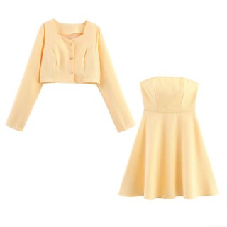 Women's Tweed Two Piece Set Short Round Neck Jacket And Strapless A-Line Mini Dress Pale Yellow Elegant Small Fragrance Style Skirt Suit For Office Party Women