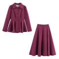 Elegant British Style Vintage Tweed Two Piece Set For Women Peplum Long Sleeve Top And A-Line Midi Skirt Wine Red Chanel Style Suits