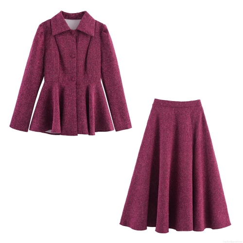 Elegant British Style Vintage Tweed Two Piece Set For Women Peplum Long Sleeve Top And A-Line Midi Skirt Wine Red Chanel Style Suits