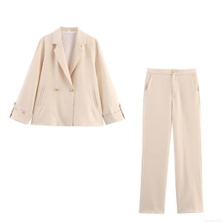 Women's Elegant 2 Piece Blazer Set Long Sleeve Button Jacket And Straight Leg Pants Solid Color Office Commuting Suits For Ladies