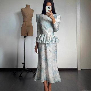 Women 2 Piece Skirt Set Elegant Floral Print Peplum Long Sleeve Top And High Waist Mermaid Long Skirt Outfits Light Blue Vintage Party Sets