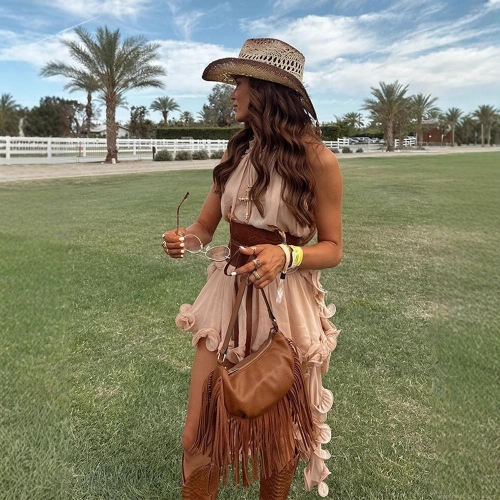 Women's Chiffon Ruffle Two Piece Set Halter Sleeveless Top And Shorts Sweet Vacation Bohemian Summer Beach Party Wear