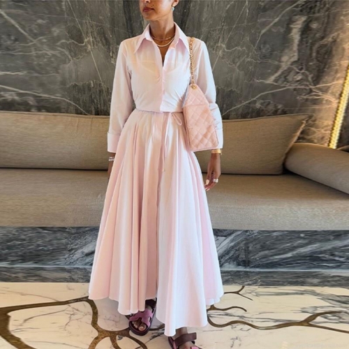 Women's Elegant Pink Two Piece Outfits Long Sleeve Drawstring Lapel Shirt And High Waist Pleated Maxi Skirt Set Sweet Aesthetic Casual Clothing