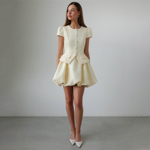 Elegant Women's Two-Piece Tweed Set Short Sleeve Button Up Top And Peplum Bubble Skirt Elegant Chanel Style Formal Office Lady Party Wear Clothing Set