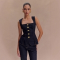 Women Sexy Spice Girl Denim Two Piece Set Square Neck Sleeveless Vest Top With Gold Buttons And High Waist Straight Leg Pants Dark Blue Trendy Outfits