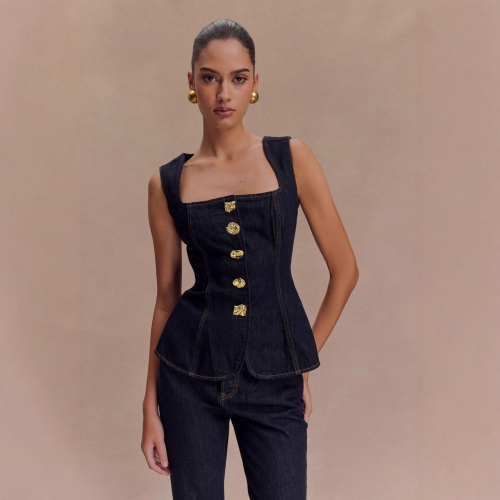 Women Sexy Spice Girl Denim Two Piece Set Square Neck Sleeveless Vest Top With Gold Buttons And High Waist Straight Leg Pants Dark Blue Trendy Outfits
