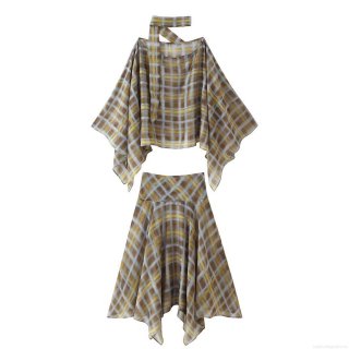 Women Vintage Plaid Skirt Set Retro Batwing Sleeve Scarf Neck Loose Top And Irregular Hem Midi Skirt Two Piece Outfits For Travel Daily Party