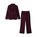 Elegant Women 2 Piece Blazer Pant Suit Set Notch Lapel Single Button Office Commuter Long Sleeve Blazer With Straight Leg Trousers Business Formal Work Wear Burgundy