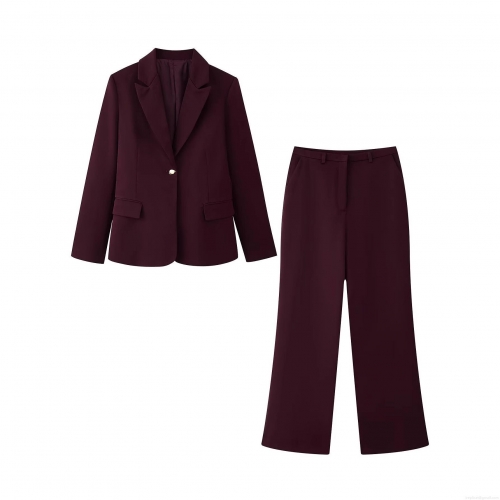 Elegant Women 2 Piece Blazer Pant Suit Set Notch Lapel Single Button Office Commuter Long Sleeve Blazer With Straight Leg Trousers Business Formal Work Wear Burgundy