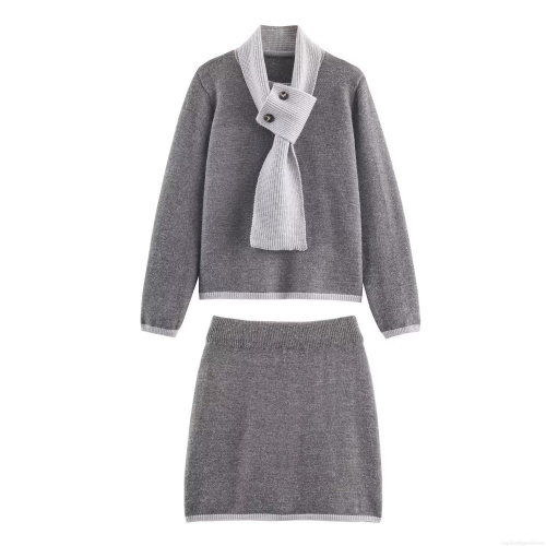 Women Korean Style Knit Two Piece Set Scarf Collar Contrast Color Long Sleeve Sweater And Mini Skirt Casual Elegant Autumn Winter Knitwear Outfit