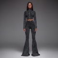 Women's 2 Piece Outfits Sexy Acid Wash Set Front Zipper Long Sleeve Crop Top and High Waist Flare Pants Slim Fit Tracksuit Streetwear