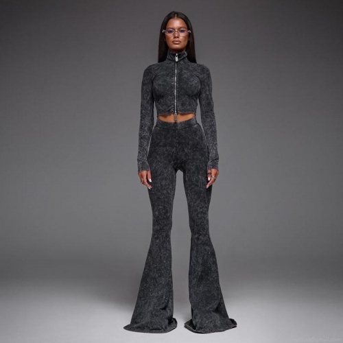 Women's 2 Piece Outfits Sexy Acid Wash Set Front Zipper Long Sleeve Crop Top and High Waist Flare Pants Slim Fit Tracksuit Streetwear