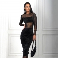Women's Sexy 3 Piece Skirt Set Sheer Mesh Long Sleeve Cover Up With Tube Top And High Waist Bodycon Midi Skirt Glitter Party Clubwear