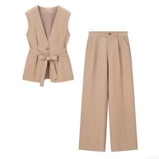 Women's 2 Piece Office Lady Set Sleeveless V Neck Sash Vest Top with Wide Leg Pants Casual Streetwear Solid Polyester Khaki Suit
