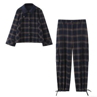 Women's Autumn Winter Plaid Hooded Jacket and Cargo Pants Set Navy Blue Checkered Two Piece Outfit Long Sleeve Coat with Multi-Pocket Trousers