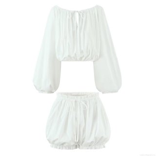 Women's 100% Cotton Two Piece Set Off-shoulder Lantern Long Sleeve Crop Top And Ruffle Hem Bloomers Shorts Lolita Sweet Style White Casual Outfit