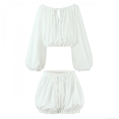 Women's 100% Cotton Two Piece Set Off-shoulder Lantern Long Sleeve Crop Top And Ruffle Hem Bloomers Shorts Lolita Sweet Style White Casual Outfit